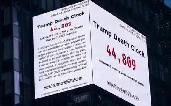 ABD’de Trump’a koronavirüs eleştirisi: “Trump’ın Ölüm Saati” Times Meydanı’na asıldı