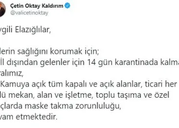 Elazığda Vali̇ Uyardı:” 14 Gün Karanti̇na Kuralı Ve Sokakta Maske Zorunluluğu Devam Edi̇yor”