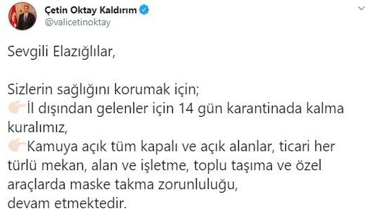 Elazığda Vali̇ Uyardı:” 14 Gün Karanti̇na Kuralı Ve Sokakta Maske Zorunluluğu Devam Edi̇yor”