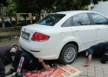 Otomobilde sıkışan yavru kedi, tamirhanede kurtarıldı
