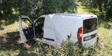 Bursa’da lastiği patlayan araç zeytin ağacına çarptı