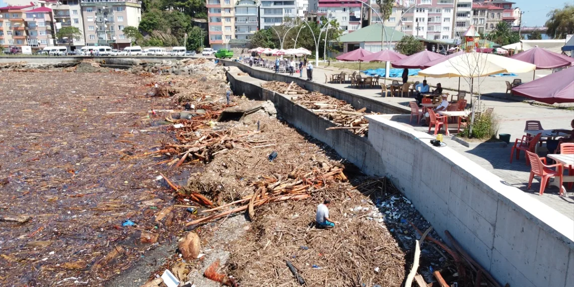 Giresun Sahili sel sonrası odun parçaları ile doldu