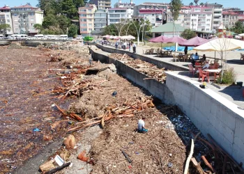 Giresun Sahili sel sonrası odun parçaları ile doldu