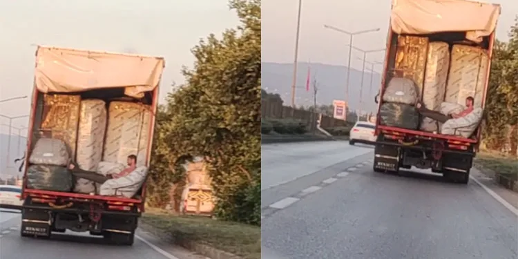 Bursa’da kamyon kasasında tehlikeli yolculuk