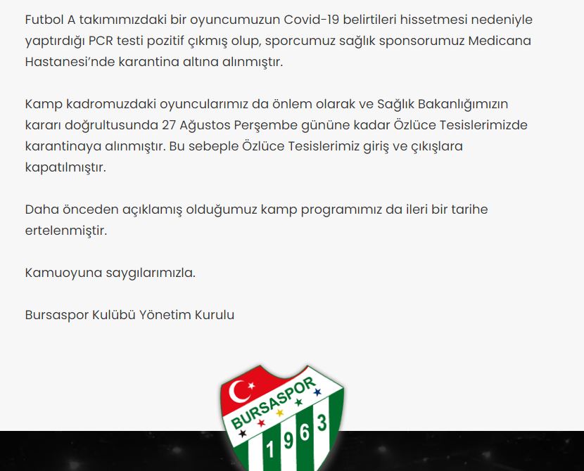 Bursaspor'da Kovid-19 şoku!