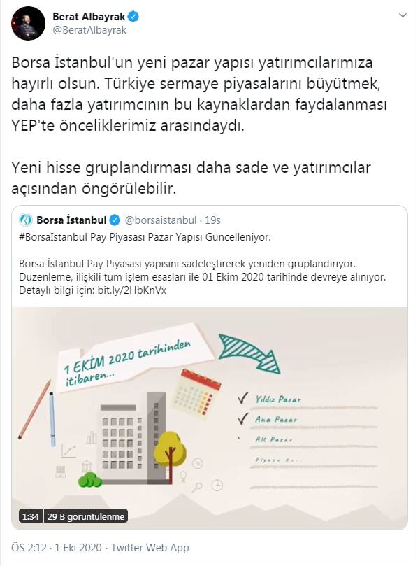 Bakan Albayrak'tan Borsa İstanbul paylaşımı