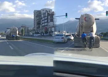 Bursa’da beton mikseri arkasında tehlikeli yolculuk