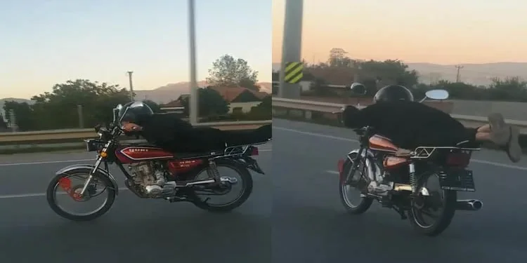 Plakasını söktüğü motosikleti yatarak kullandı