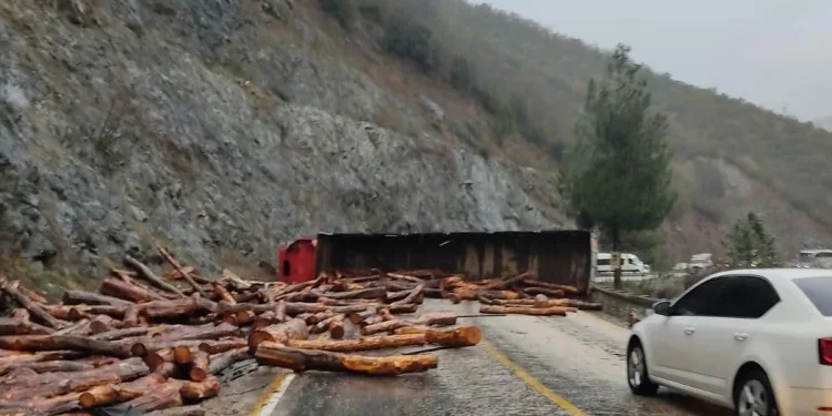 Bursa’da tomruk yüklü TIR devrildi, yol kapandı