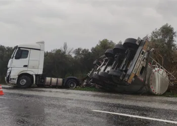 Bursa’da korkutan kaza! Tanker zeytinliğe devrildi