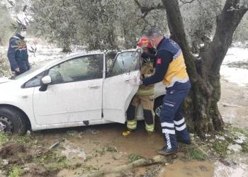 Bursa’da aracıyla, bataklığa dönen zeytinliğe daldı