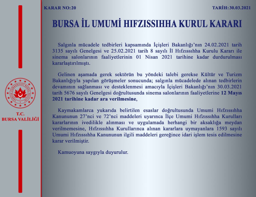 Bursa'da sinema salonlarının açılışı ertelendi