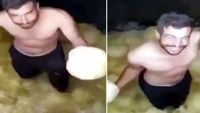 Tepki çeken görüntü! Bu halde turşu tankına girdi