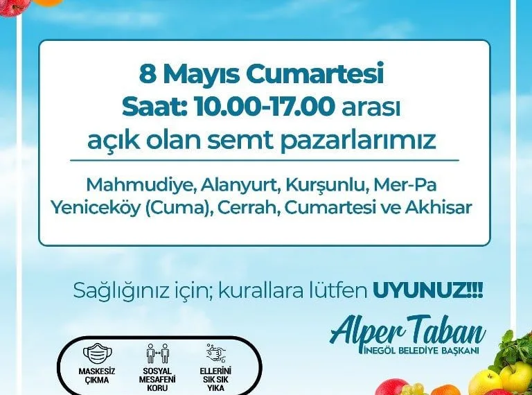 İnegöl’de cumartesi günü 8 pazar kurulacak