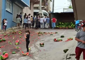 Bursa’da karpuz yüklü kamyon devrildi