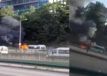 Minibüs alev topuna döndü! İşçiler son anda kurtuldu