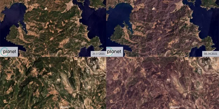 Yanan alanların uydudan öncesi ve sonrası