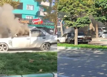 Bursa’da kırmızı ışıkta bekleyen araç alev aldı