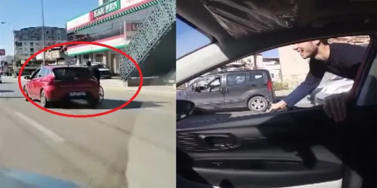 Bursa’da bisikletiyle otomobile tutunarak ilerledi