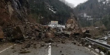 Yamaçtan kopan kayalar yolu kapattı