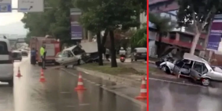 Bursa’da kontrolden çıkan otomobil ağaca çarptı
