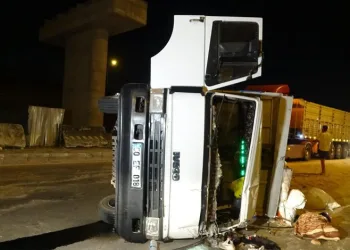 Bursa’da talaş yüklü kamyon devrildi