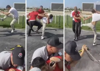 Bursa Hipodromu’nda seyislerin kavgası kamerada