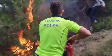 Uygulama yapan polislerin dikkati orman yangınını önledi