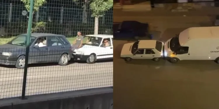 Arıza yapan araçları böyle ittiler