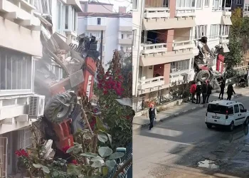 Yalova’da kontrolden çıkan iş makinesi apartmana çarptı
