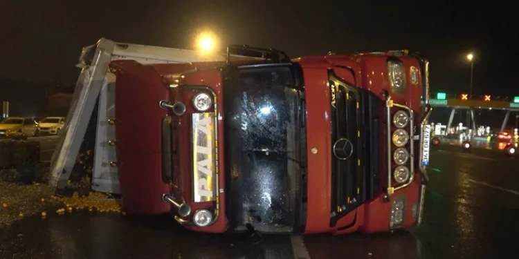 Bursa’da meyve yüklü TIR devrildi : 1 yaralı