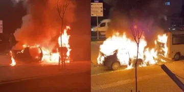 Bursa’da bir otomobil ve minibüs alev alev yandı
