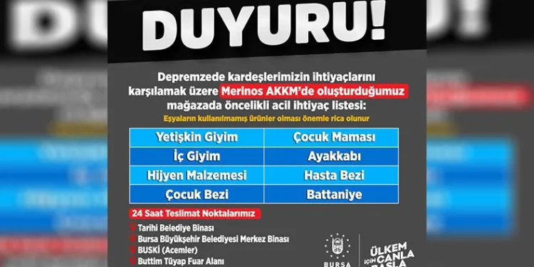 Deprem bölgesine acil ihtiyaç listesi