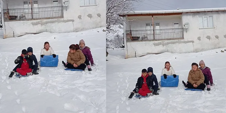 Köyde çocukların kayak keyfi