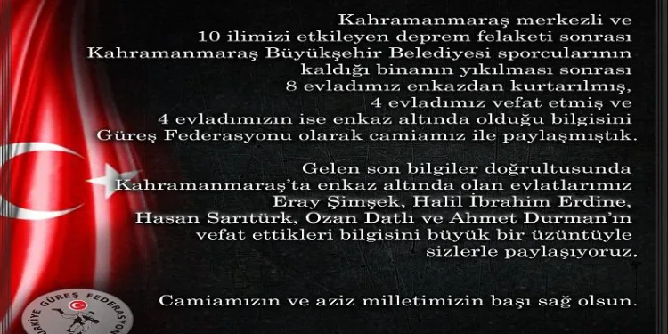 Türkiye Güreş Federasyonu 5 güreşçinin vefat ettiğini açıkladı