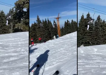 Uludağ’da bir kayakçı telesiyejde böyle asılı kaldı