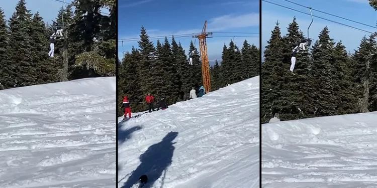 Uludağ’da bir kayakçı telesiyejde böyle asılı kaldı