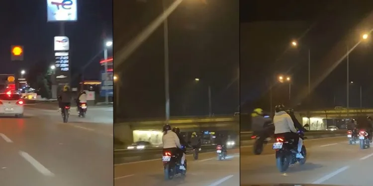 Motosikletli gençlerin trafiktek tehlikeli hareketleri