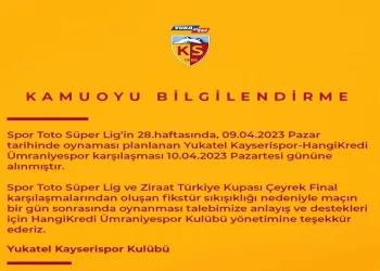 Kayserispor – Ümraniyespor maçı Pazartesi’ne alındı