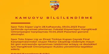 Kayserispor – Ümraniyespor maçı Pazartesi’ne alındı
