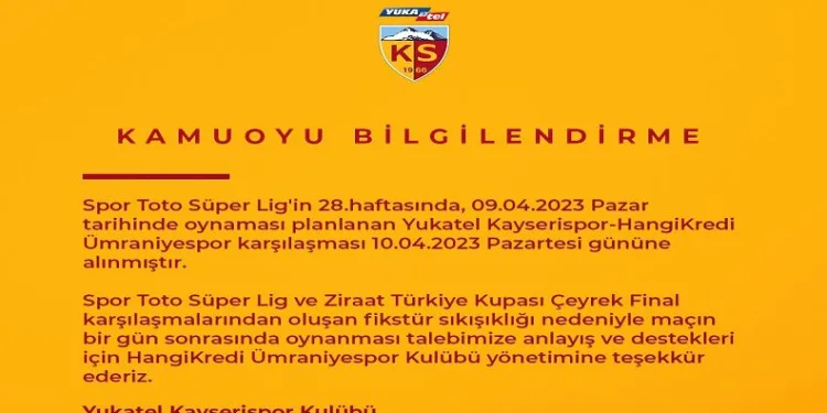 Kayserispor – Ümraniyespor maçı Pazartesi’ne alındı