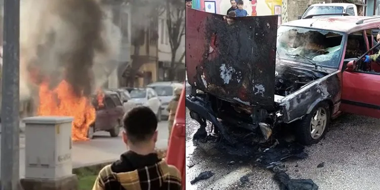 Otomobil alev alev yandı
