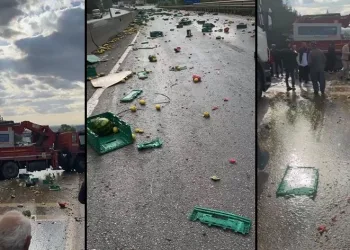 Vinç ile kamyon çarpıştı, meyve ve sebzeler döküldü
