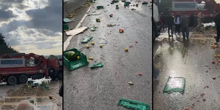 Vinç ile kamyon çarpıştı, meyve ve sebzeler döküldü