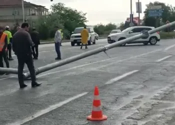 Kamyonun çarptığı trafik direği devrildi