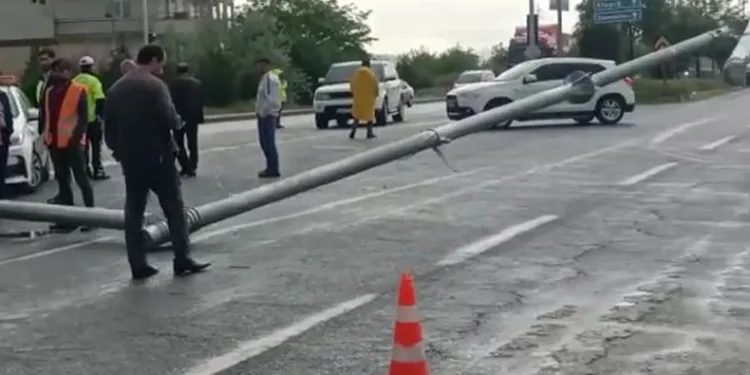 Kamyonun çarptığı trafik direği devrildi