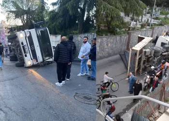 Kamyon aşırı yük nedeniyle yan yattı