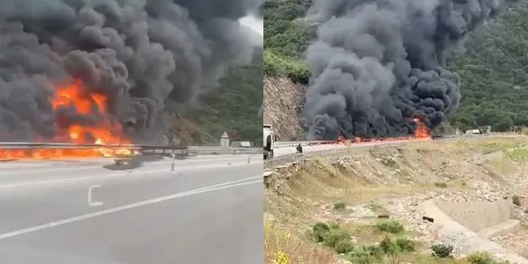 Boya yüklü tır alev alev yandı