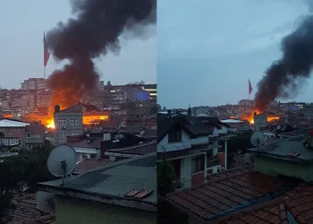 Binanın çatısı alev alev yandı