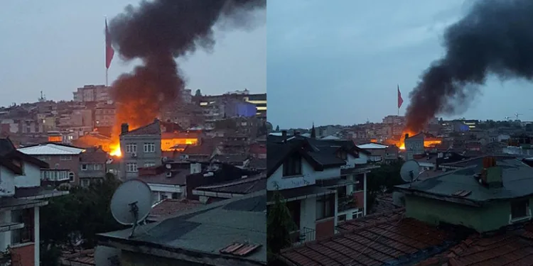 Binanın çatısı alev alev yandı